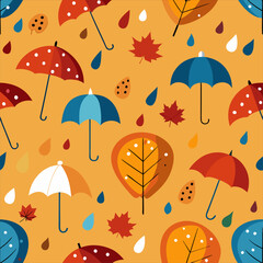 Obraz premium Autumn seamless pattern, Flat background for various surfaces, Trendy hand drawn print, Seasonal repeat design, Fall aesthetic wallpaper with boots, umbrella, leaves, acorn, mushrooms, berries