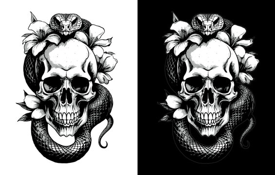 Snake and Skull with hibiscus flowers, BW Vector