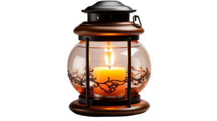 classic beautiful tealight lantern lamp with burning candle, studio view, isolated on transparent background.