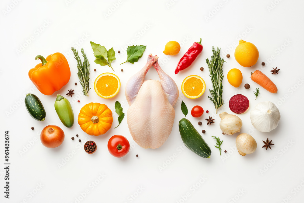 Wall mural Raw chicken or turkey surrounded by vegetables and herbs on white background. Concept of cooking and food preparation