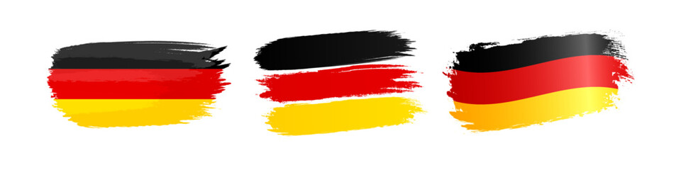 Naklejka premium Set of German flag icons. Decorative handdrawn style abstract elements. Brushstroke graphic design. Background concept. Tricolor flags. Isolated flag of Germany. Black, red and yellow three colors.