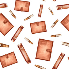 Books and diary vintage, textbook. Seamless pattern stylized. Hand drawn watercolor illustration. Education, knowledge concept. Library, school supplies.Template for bookstore, wrapping, scrapbooking.