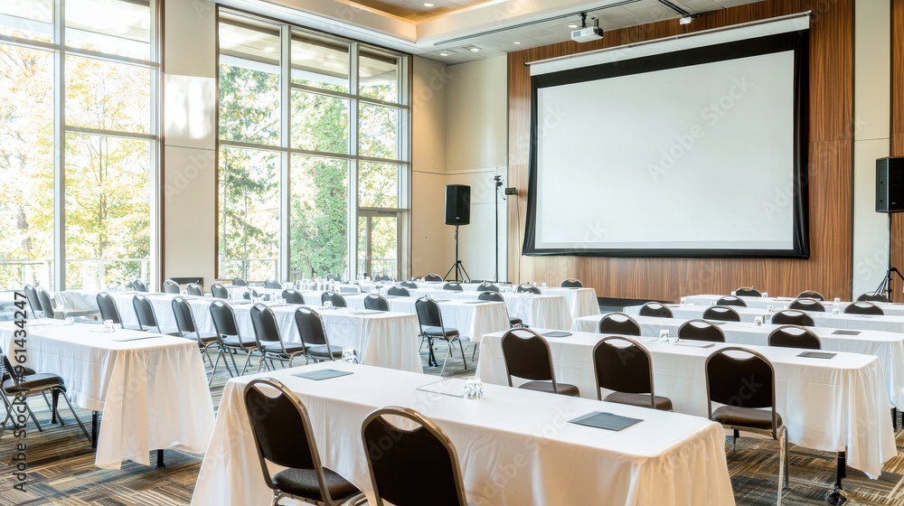 Poster conference room setup with projector screen and tables
