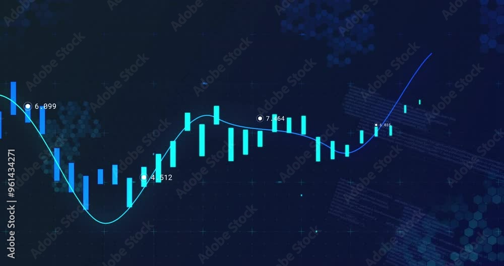 Poster financial data charts and coding animation over dark background