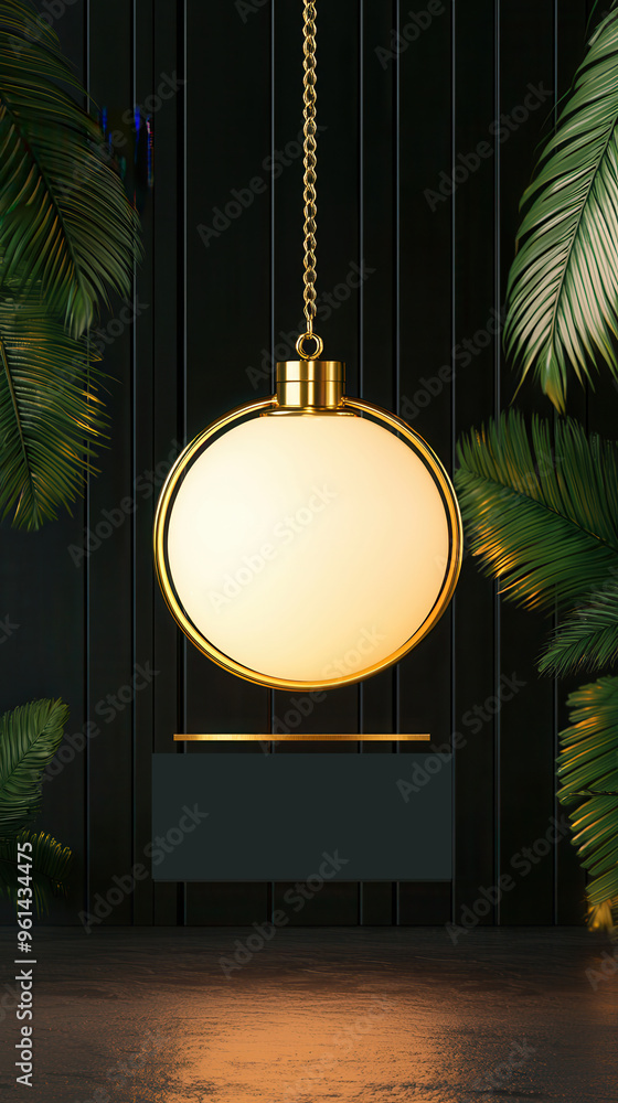 Wall mural Minimalist Gold Lamp and Palm Leaves with Copy Space.