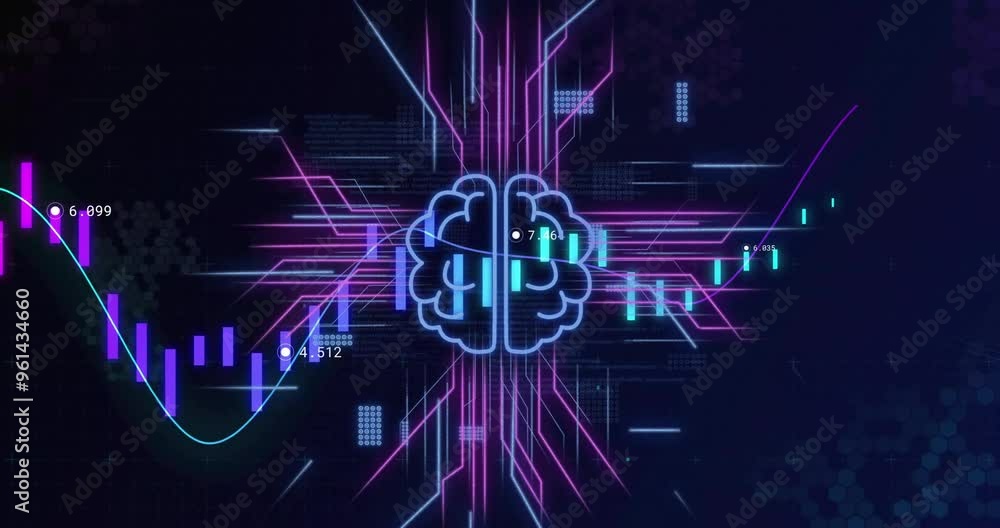 Poster brain icon with neon lines and financial data processing animation