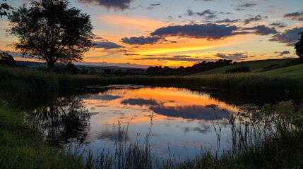 Obraz premium A pond with a tree in the background and the sun setting in the sky. The water is calm and the sky is orange and pink