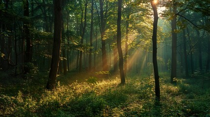 Naklejka premium Sun rays shining through the trees in a misty forest.