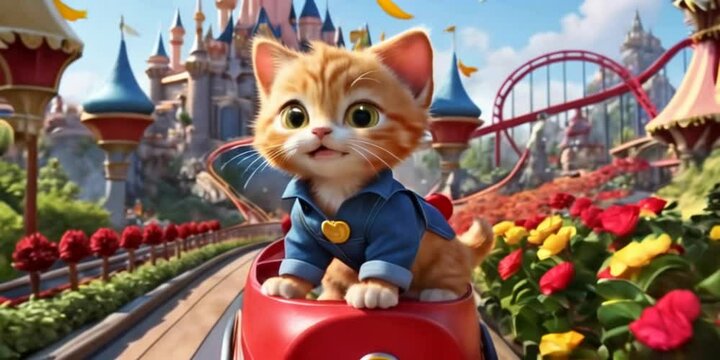 cat on the roof, playful orange cartoon kitten frolicking at amusement park