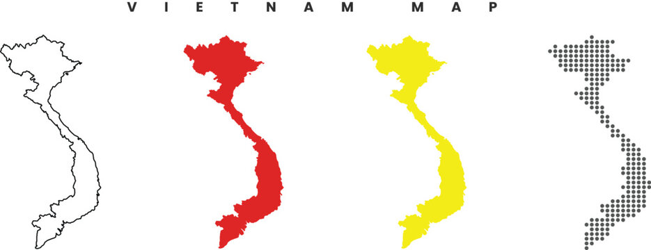Vietnam map detailed in outline, red color, yellow color, dotted style