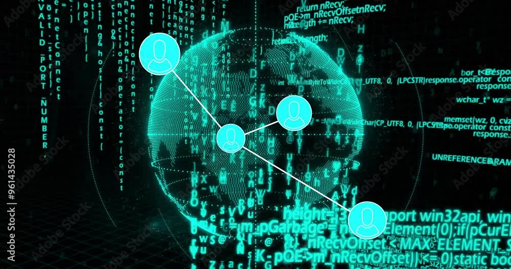 Poster animation of binary coding, data processing, connections and globe over dark background