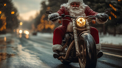 Fototapeta premium Santa Claus on a Motorcycle - Christmas Banner