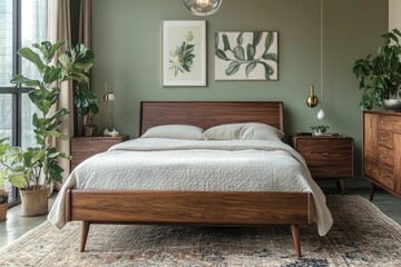 Naklejka premium Modern Bedroom Interior Design with Wooden Bed and Green Walls
