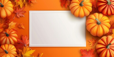Colorful autumn background with pumpkins and fall leaves, white blank frame, top view.