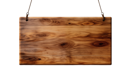 classic blank hanging wooden sign board, studio view, isolated on transparent background.