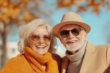 Happy senior couple enjoying a sunny autumn day outdoors dressed in warm sweaters and hats against a backdrop of colorful leaves