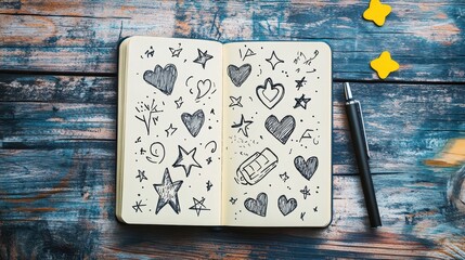 Creative Doodles in Sketchbook - Hand-Drawn Stars, Hearts, and Geometric Shapes with Pen, Top-Down Composition