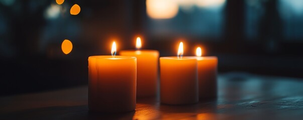 Three glowing candles create a warm, inviting atmosphere, perfect for relaxation and cozy gatherings in soft evening light.