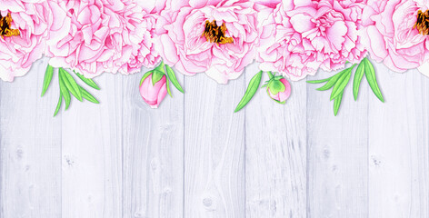 Obraz premium Watercolor pink flowers on wooden background. Floral banner with peonies and green leaves. Card illustration.