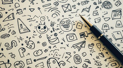 Creative Doodles: Whimsical Characters and Geometric Shapes in Notebook Doodle Pattern with Pen Nearby