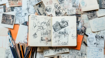 Creative Chaos - Abstract Doodles Collage on Notebook Pages with Pens and Pencils | Artistic Inspirational Background Concept