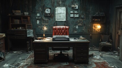 Abandoned Office Interior With Red Chair