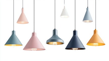 Obraz premium Realistic hanging lamps with stylish, quirky lampshades. Modern chandeliers with light bulbs and shades. Home, room, or studio decor isolated on a white background. 3D vector illustration. 