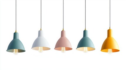 Obraz premium Realistic hanging lamps with stylish, quirky lampshades. Modern chandeliers with light bulbs and shades. Home, room, or studio decor isolated on a white background. 3D vector illustration. 