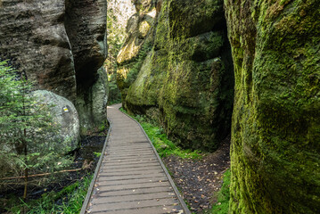 National Park of Adrspach Teplice rocks. Beautiful limestone sandstones rocks in Adrspach, Czech Republic. Adrspach Teplice Rocks mountain range in Central Sudetes part of the Table Mountains.