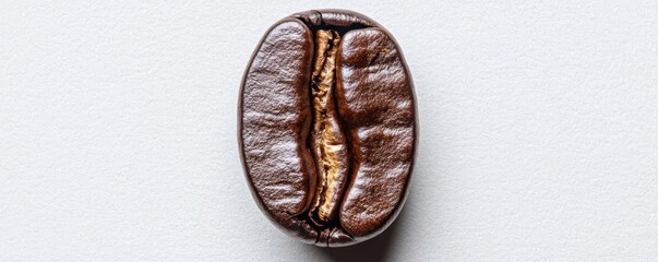 A macro shot of a roasted coffee bean split open, revealing the rich, earthy tones and textures inside