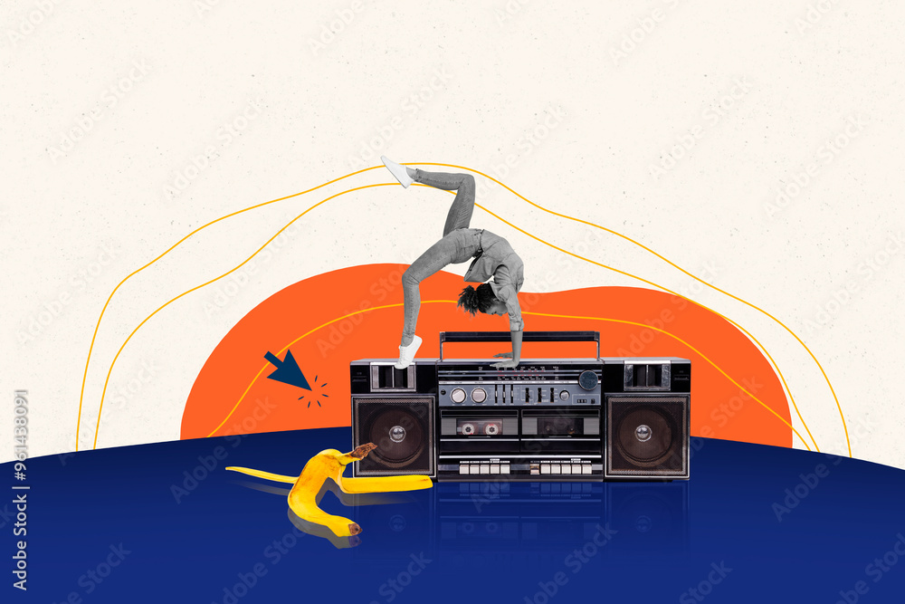 Wall mural composite photo collage of acrobatics girl do somersault handstand boombox music occasion relax part