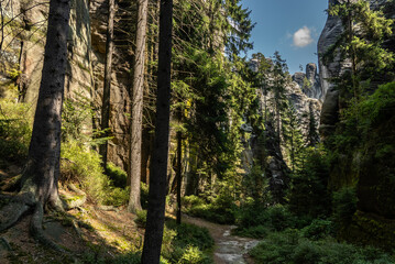 National Park of Adrspach Teplice rocks. Beautiful limestone sandstones rocks in Adrspach, Czech Republic. Adrspach Teplice Rocks mountain range in Central Sudetes part of the Table Mountains.