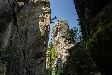 National Park of Adrspach Teplice rocks. Beautiful limestone sandstones rocks in Adrspach, Czech Republic. Adrspach Teplice Rocks mountain range in Central Sudetes part of the Table Mountains.