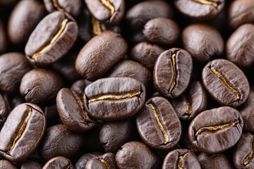 Obraz premium Close-up of a pile of dark roasted coffee beans, with light glinting off their curved surfaces, emphasizing the richness and depth of flavor
