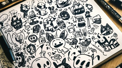 Creative Doodles Galore: Abstract Shapes, Animals, and Faces in Sketchbook with Pen Overlapping Page