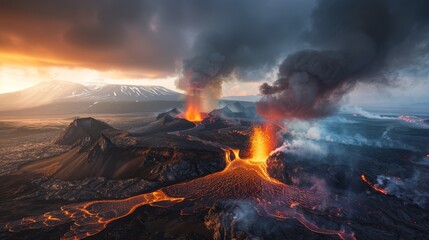 Obraz premium A volcano exhales molten lava and steam as it erupts skyward