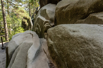 National Park of Adrspach Teplice rocks. Beautiful limestone sandstones rocks in Adrspach, Czech Republic. Adrspach Teplice Rocks mountain range in Central Sudetes part of the Table Mountains.