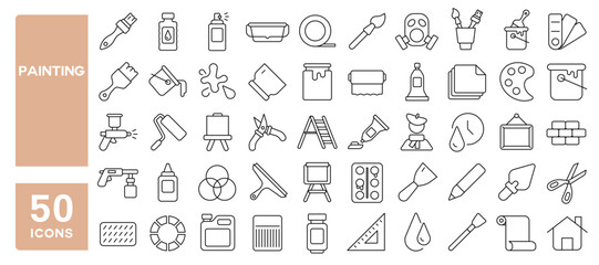 Set of 50 line icons related to painting, paint, brush, artwork, painter, spray, color, palette, roller, bucket, Editable stroke. Vector illustration