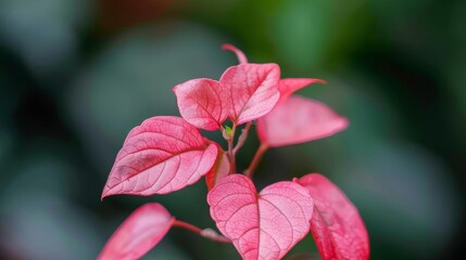 Obraz premium A tight shot of a pink blossom on a leafy branch against a softly blurred green backdrop