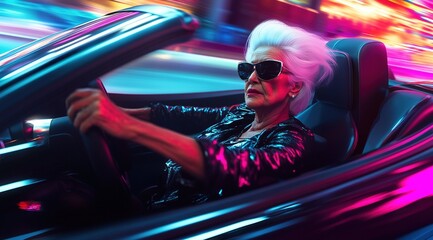 A futuristic elderly woman with white hair and sunglasses driving an open-top sports car, surrounded by neon lights.