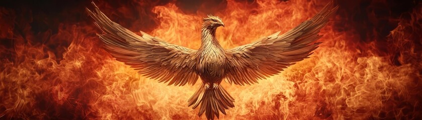 Obraz premium Digital phoenix rising from market crash flames, crypto market volatility, rebirth and resilience, vibrant reds and golds