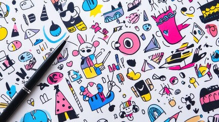 Creative Doodles and Whimsical Patterns Filling Notebook Page with Pen Nearby