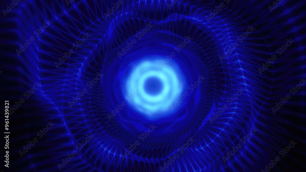 Aufkleber a glowing blue vortex with geometric wireframe patterns converging toward the center, creating a fut