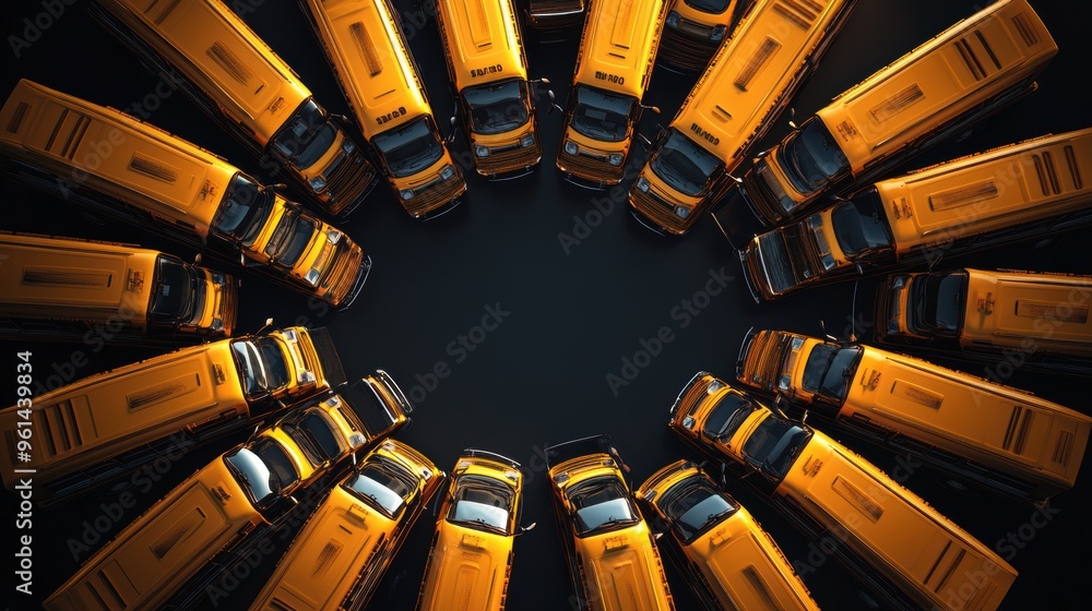 Poster vibrant back-to-school circular formation: a playful array of school buses in dynamic angles