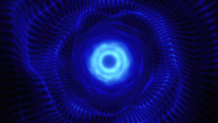 A glowing blue vortex with geometric wireframe patterns converging toward the center, creating a futuristic and digital abstract tunnel tech sci-fi effect