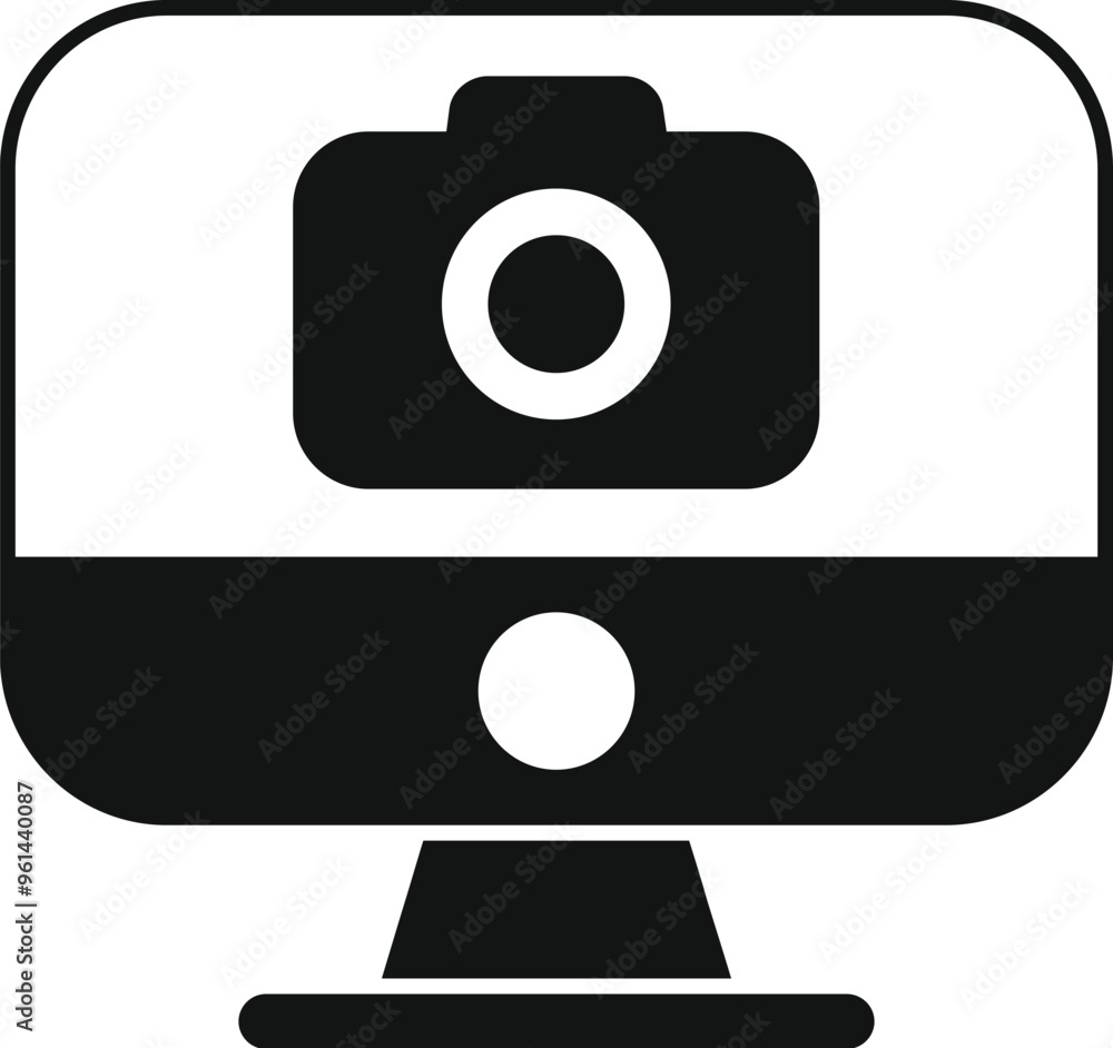 Poster simple icon of a computer displaying a camera, representing online photography and digital imaging