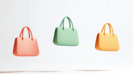 Colorful hanging bags in pastel shades, perfect for fashion displays or product showcases in modern retail environments.