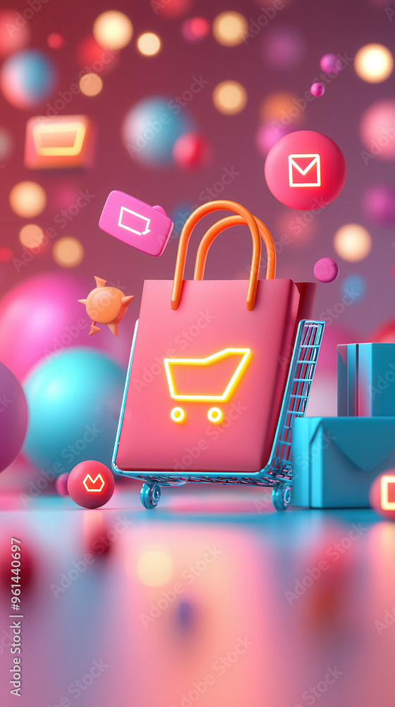 Sticker 3D Shopping Bag with Cart Icon and Neon Lights.