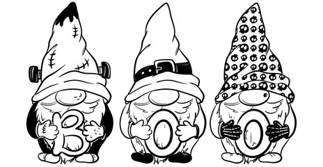 Halloween crew gnomes. Hand draw illustration for sublimation t-shirt, pillow, mug. line art illustration, black and white sketch. Print for poster, postcard, notebooks, color book for kids