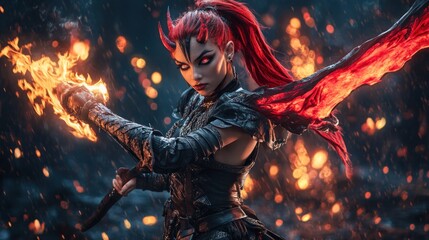 Woman with dark fantasy feel holding a flaming sword